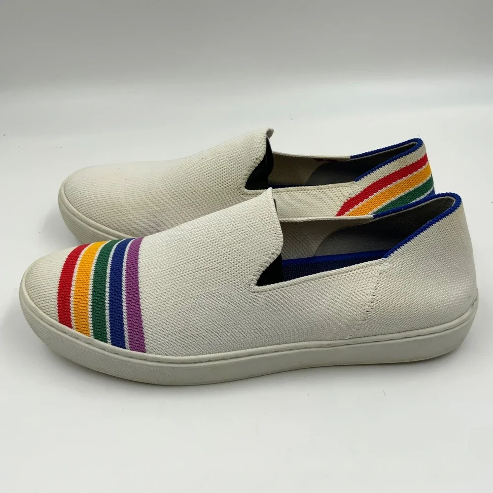 Rothys The Sneaker White Rainbow Stripe Heart SF Slip On Shoes Womens 8